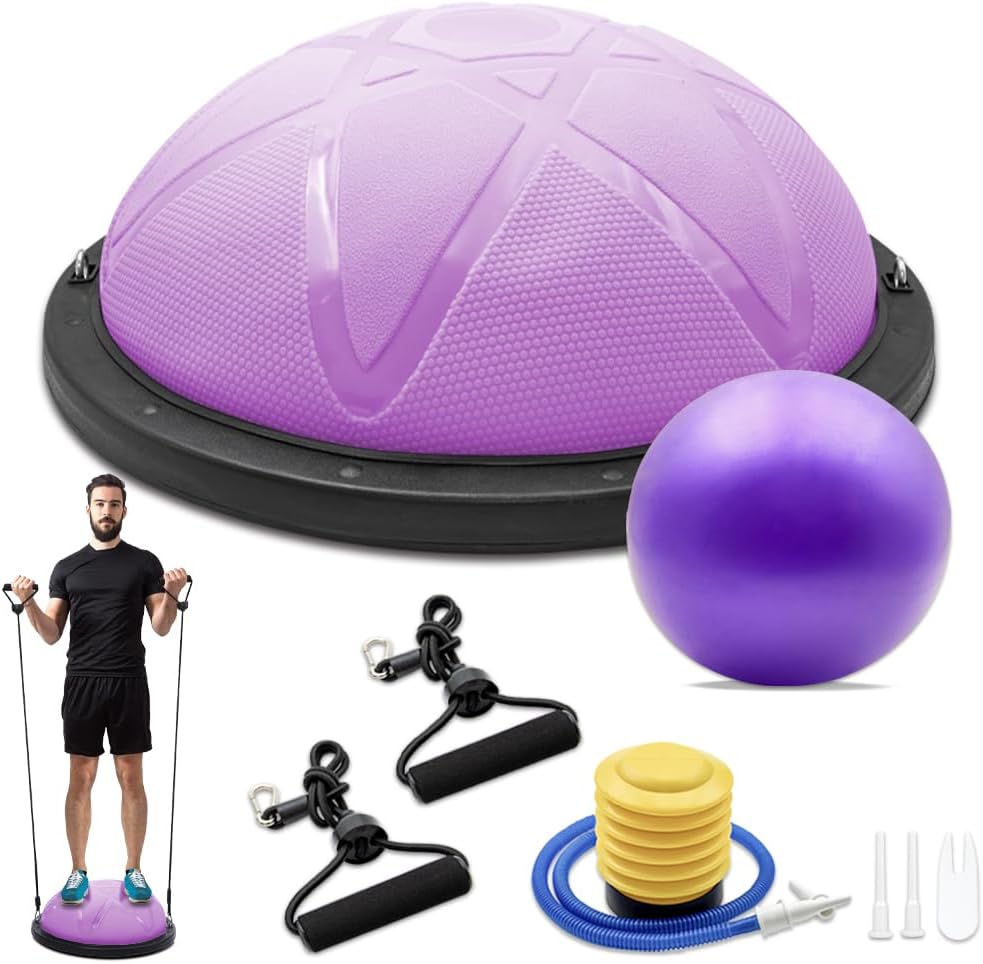 300KG Half Balance Ball Trainer,7pcs Half Exercise Balance Ball Trainer Set with 2 Resistance Bands,Yoga Ball&Foot Pump,58cm Stability Ball