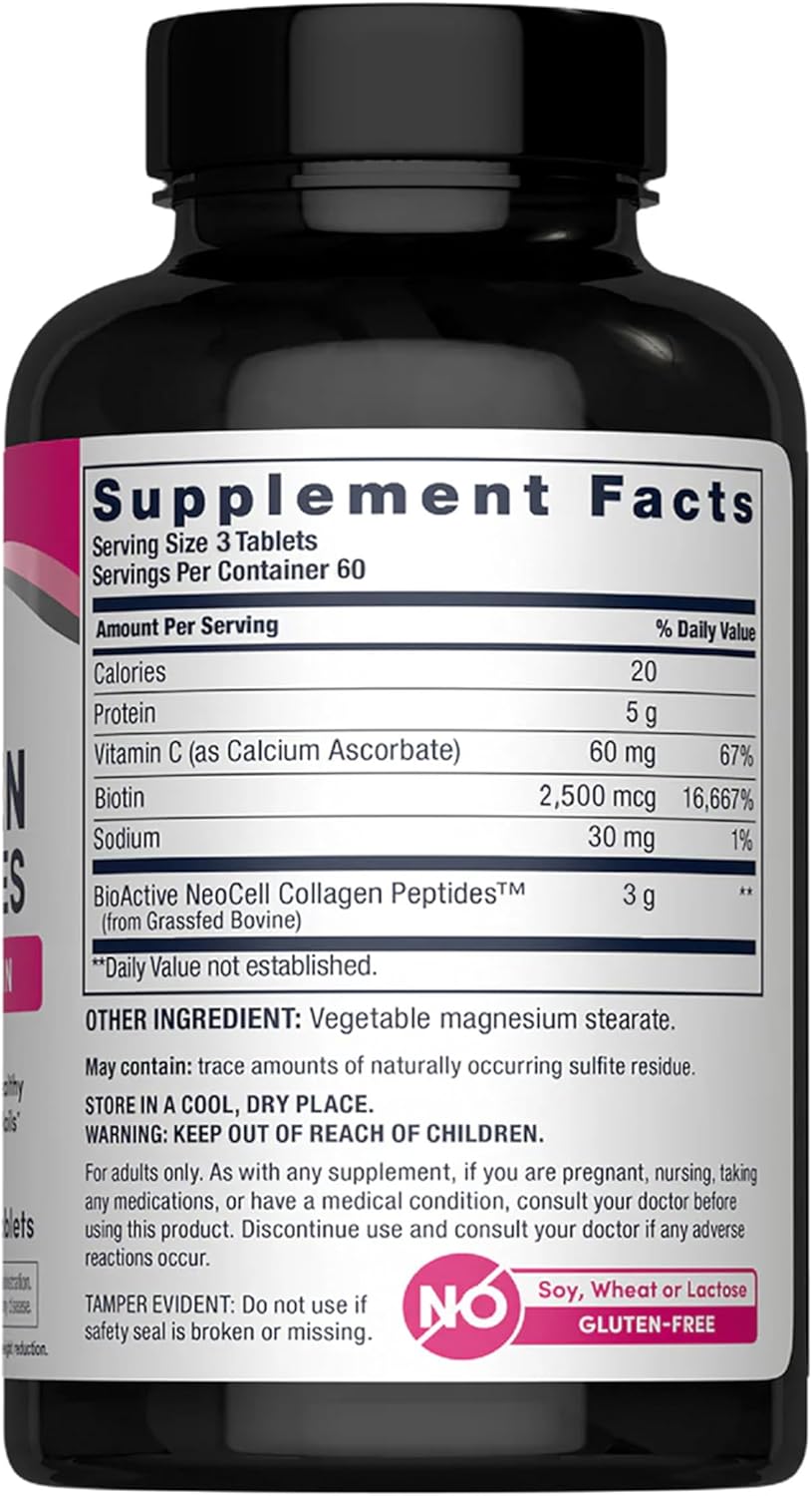 ببتيدات سوبر كولاجين + فيتامين سي والبيوتين من نيوسيل، 3 غرام كولاجين لكل وجبة، خالي من الجلوتين، يعزز صحة الشعر، بشرة جميلة، ودعم الأظافر، مكمل غذائي، 270 قرص