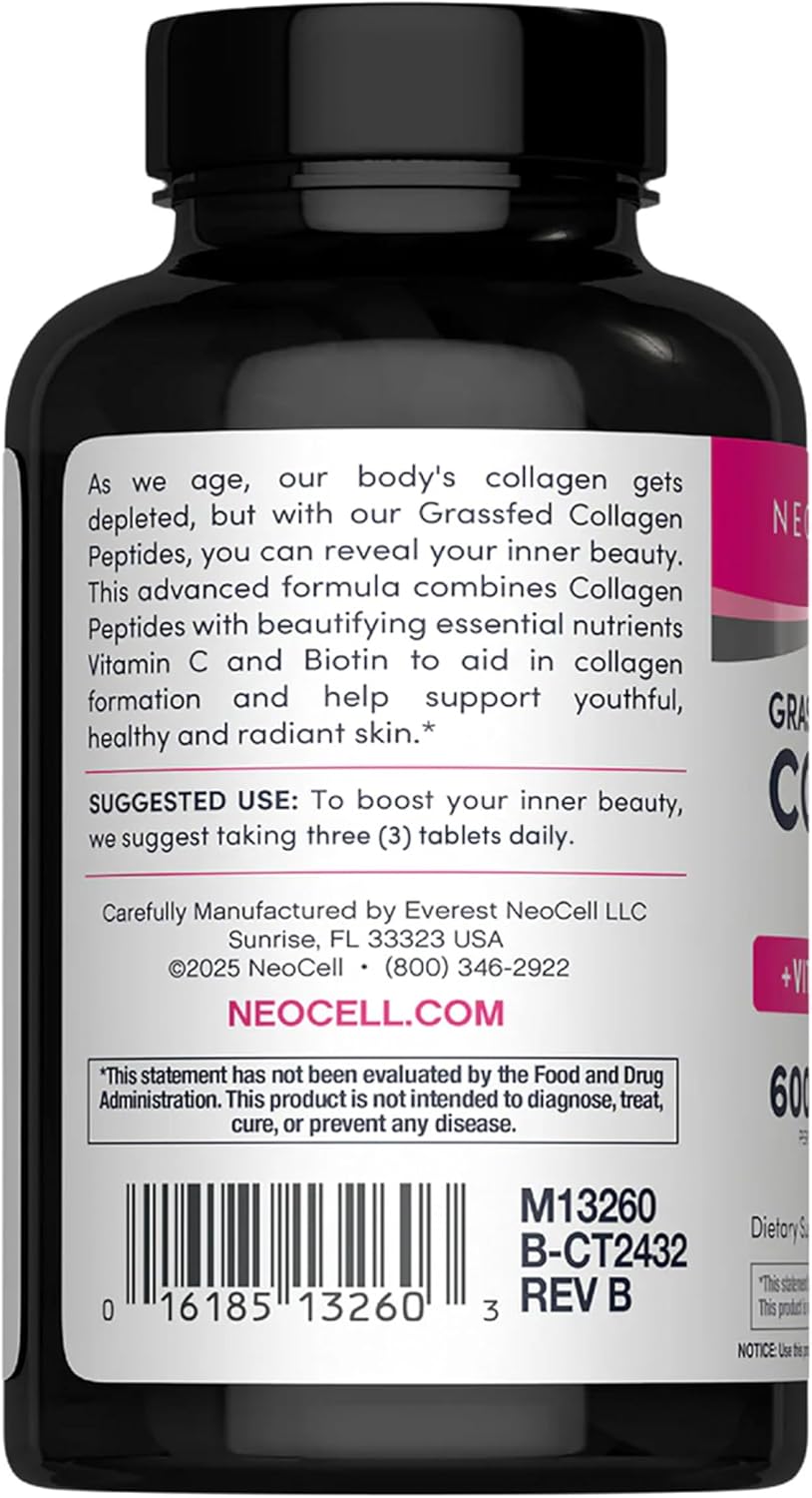 ببتيدات سوبر كولاجين + فيتامين سي والبيوتين من نيوسيل، 3 غرام كولاجين لكل وجبة، خالي من الجلوتين، يعزز صحة الشعر، بشرة جميلة، ودعم الأظافر، مكمل غذائي، 270 قرص