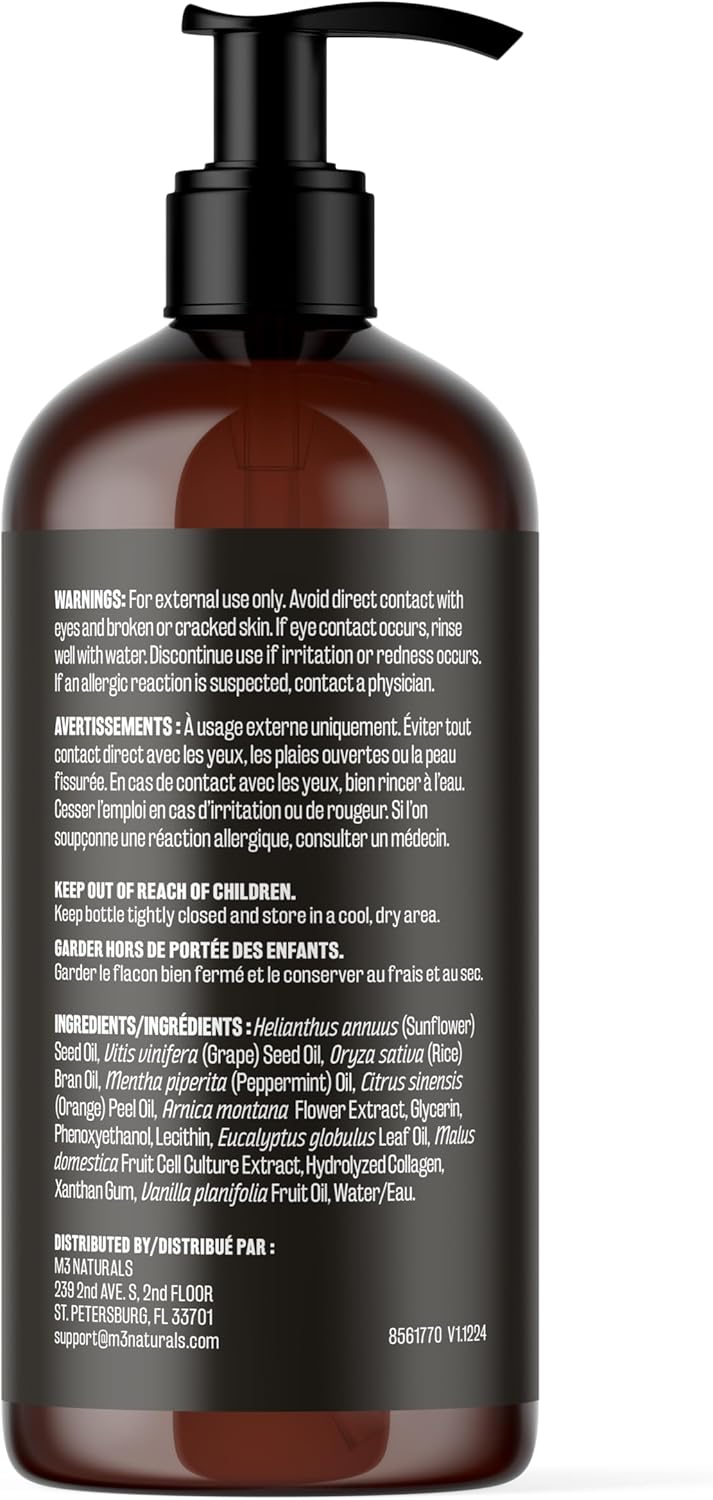 ام3 ناتشورالز زيت تدليك مضاد للسيلوليت غني بالكولاجين والخلايا الجذعية، زيوت عطرية طبيعية بالكامل، يعمل على شد النغمات ويجدد الترطيب، مناديل الدهون غير المرغوب فيها، 8 اونصة سائلة