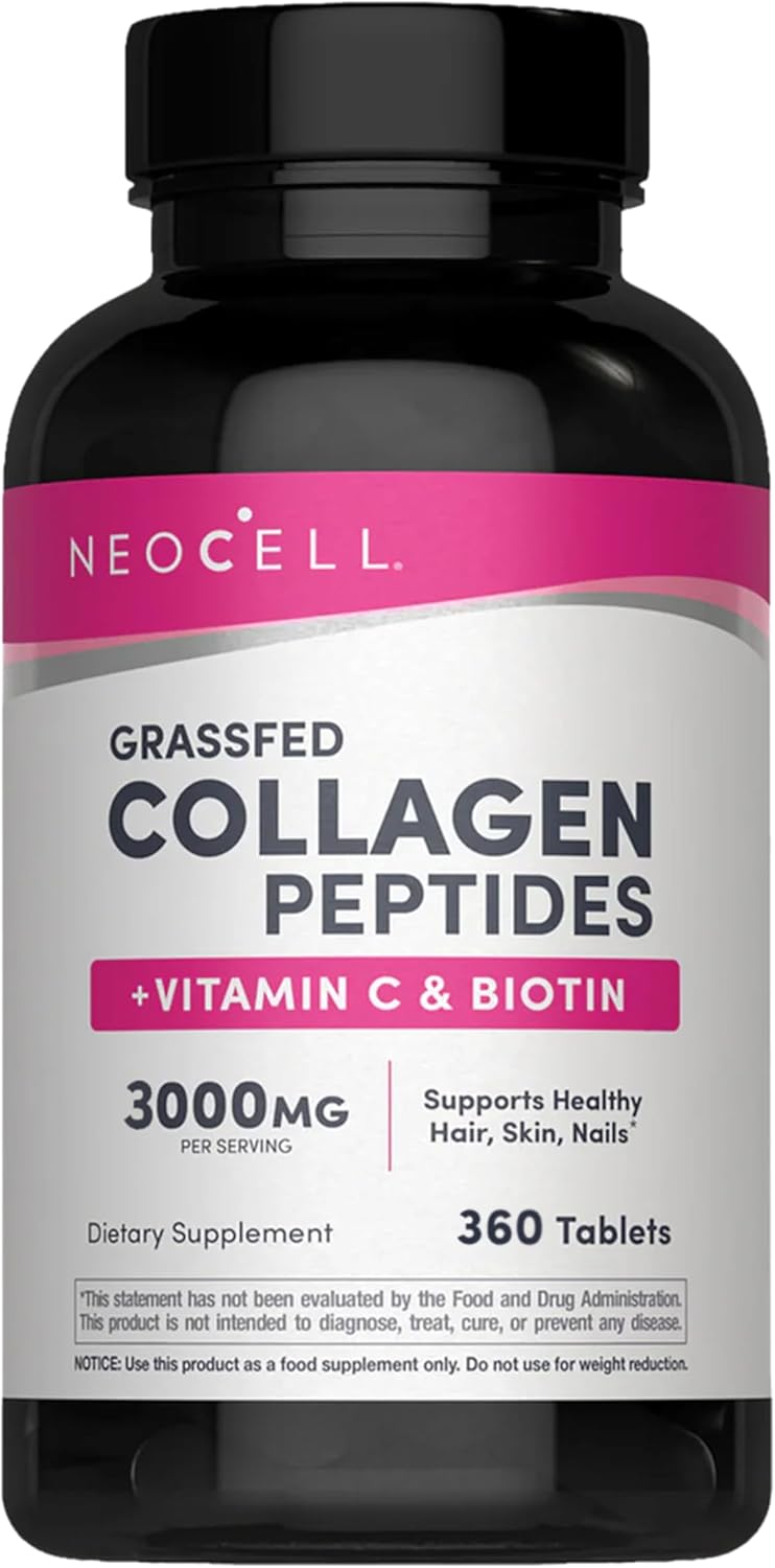 ببتيدات سوبر كولاجين + فيتامين سي والبيوتين من نيوسيل، 3 غرام كولاجين لكل وجبة، خالي من الجلوتين، يعزز صحة الشعر، بشرة جميلة، ودعم الأظافر، مكمل غذائي، 270 قرص
