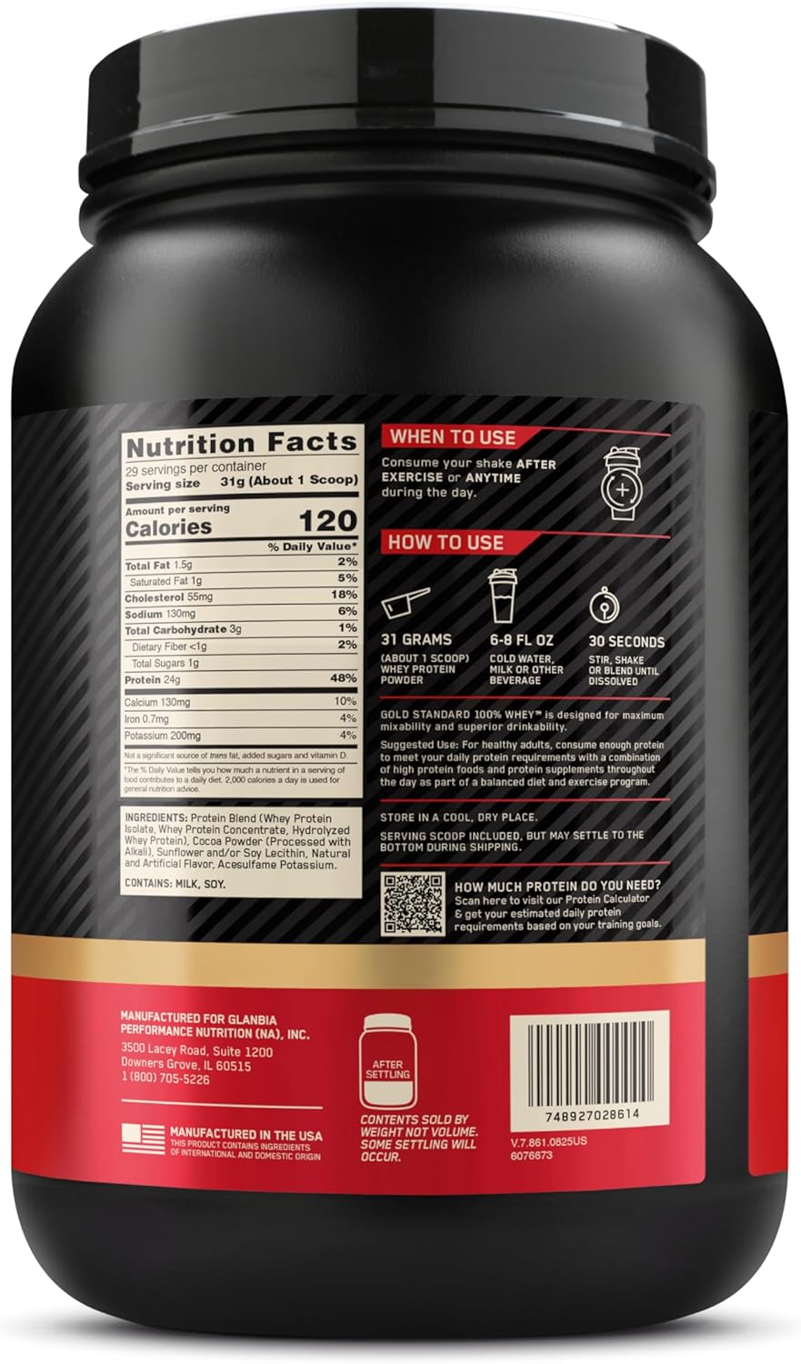 مسحوق بروتين مصل اللبن جولد ستاندرد 100% من اوبتيموم نيوتريشن، 24 غرام من البروتين لدعم العضلات واستعادتها - ايس كريم فانيليا، 2 باوند، 29 حصة (899 غرام)