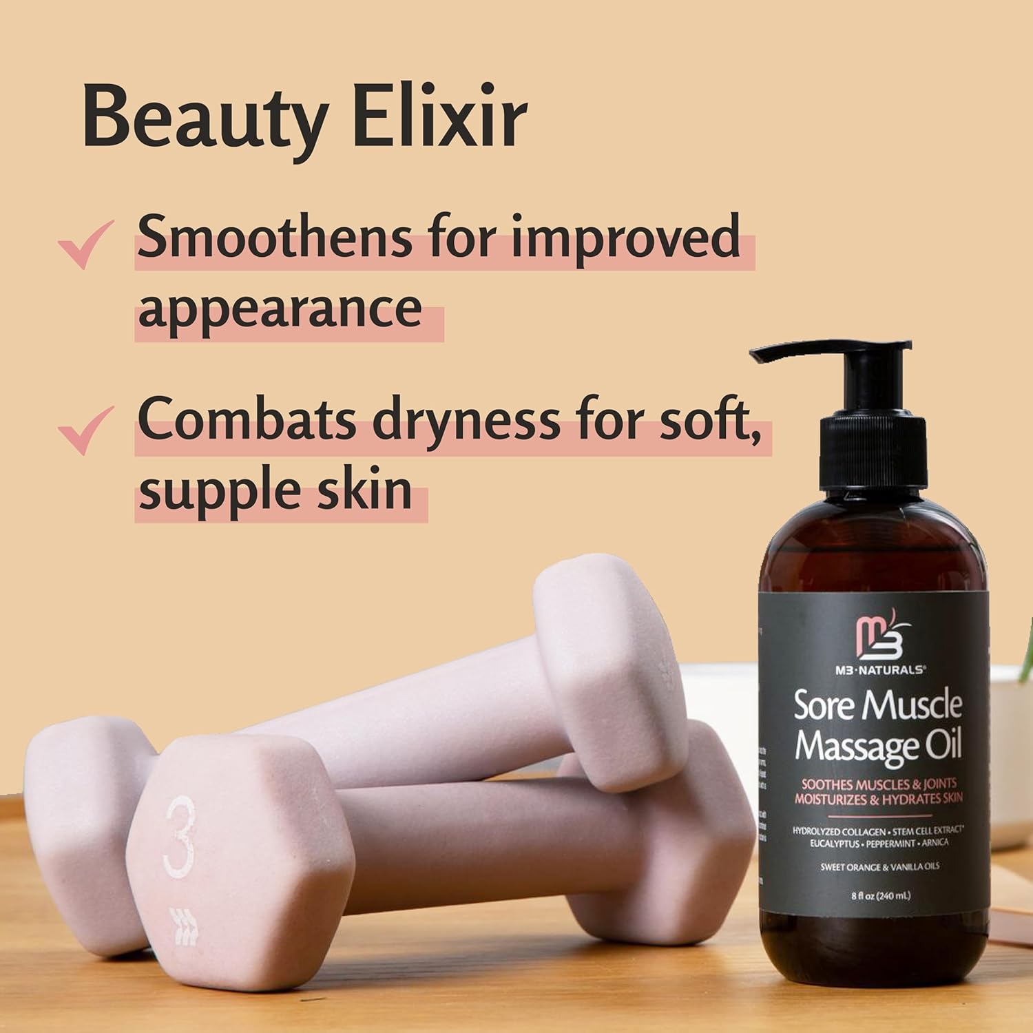 ام3 ناتشورالز زيت تدليك مضاد للسيلوليت غني بالكولاجين والخلايا الجذعية، زيوت عطرية طبيعية بالكامل، يعمل على شد النغمات ويجدد الترطيب، مناديل الدهون غير المرغوب فيها، 8 اونصة سائلة