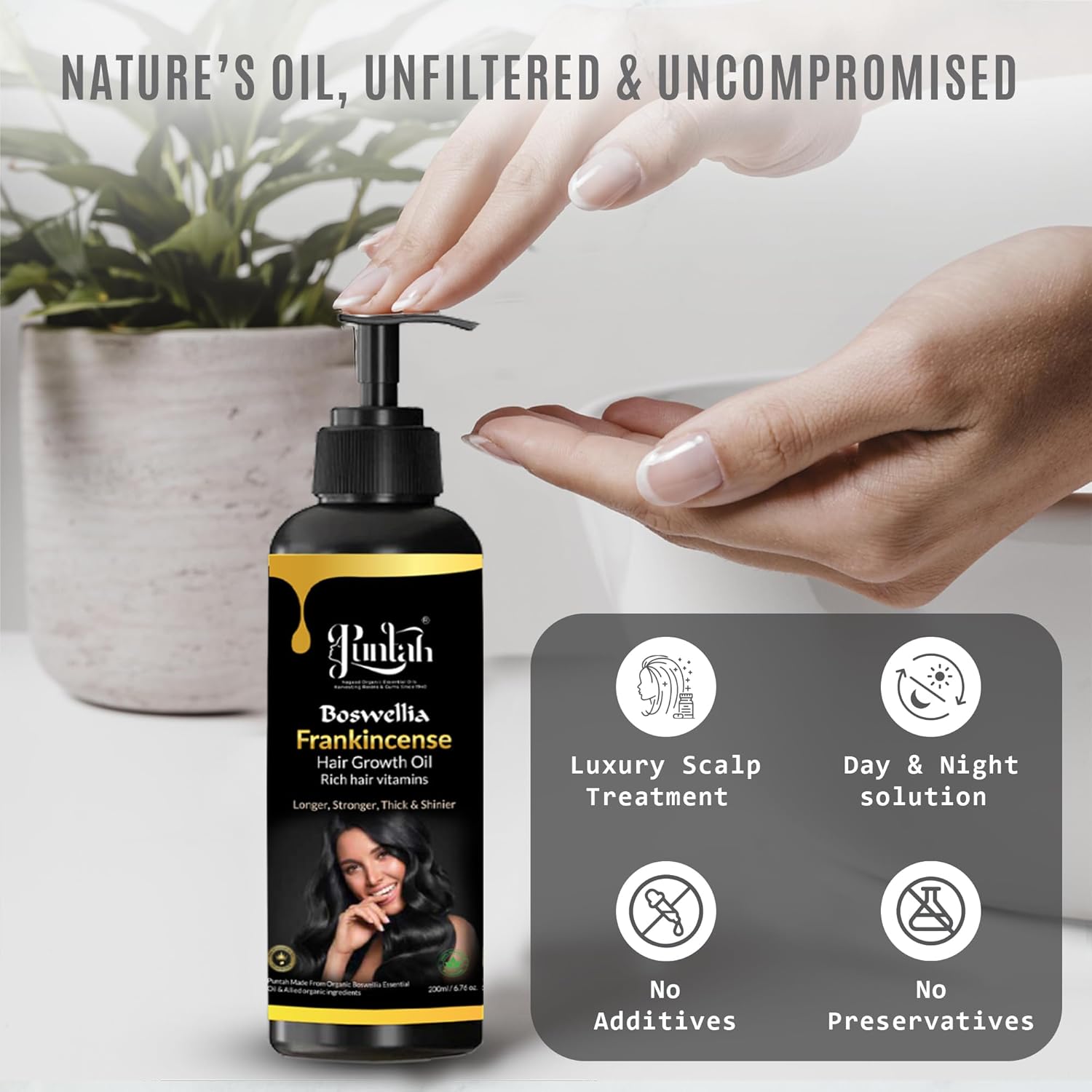 Frankincense Hair Growth Oil 200ml, USDA Organic, Organic Blend with Rosemary, Blackseed & Coconut Oil – Supports Thicker, Stronger Hair – For All Hair Types.