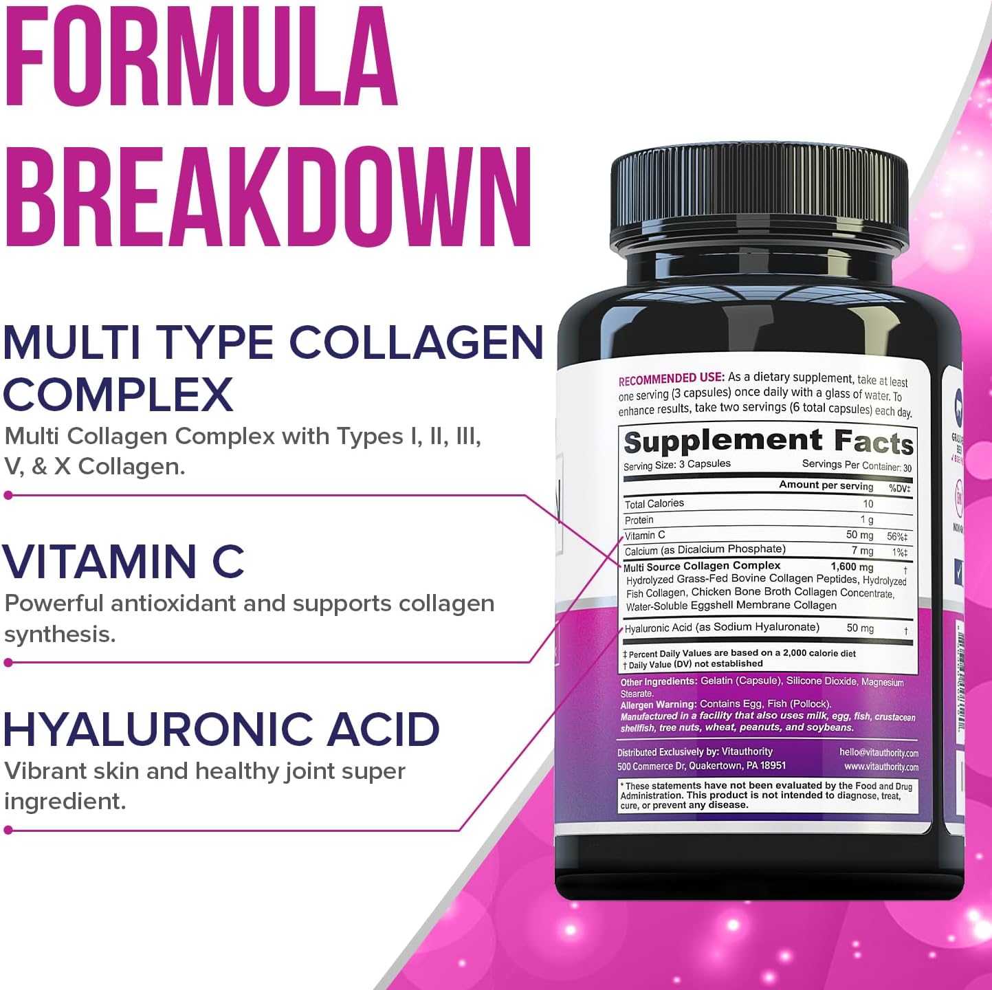 حبوب كولاجين متعددة من فيتاوثوري للنساء والرجال ببتيدات كولاجين متحللة عالية الامتصاص كبسولات لصحة الشعر والبشرة والأظافر مع أنواع I II III V X من الكولاجين وحمض الهيالورونيك وفيتامين C - 30 حصة