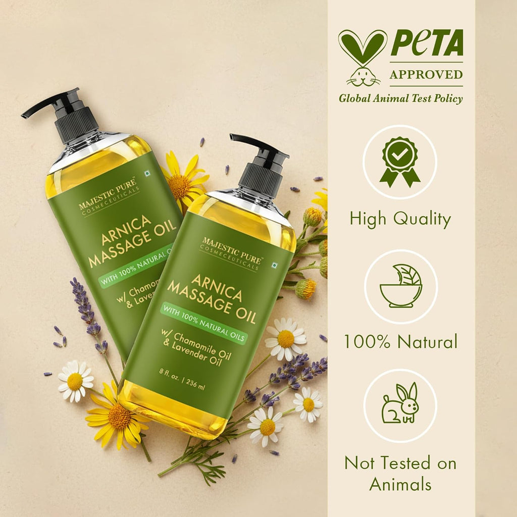 زيت تدليك العضلات المجهدة ارنيكا من ماجيستيك بيور للجسم -أفضل علاج طبيعي بزيوت عطرية برائحة اللافندر والكاموميل - يعمل على تدفئة واسترخاء وتدليك المفاصل وتخفيف ألام المفاصل- 8 أونصة سائلة.