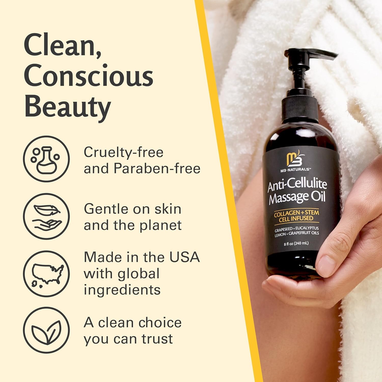 ام3 ناتشورالز زيت تدليك مضاد للسيلوليت غني بالكولاجين والخلايا الجذعية، زيوت عطرية طبيعية بالكامل، يعمل على شد النغمات ويجدد الترطيب، مناديل الدهون غير المرغوب فيها، 8 اونصة سائلة