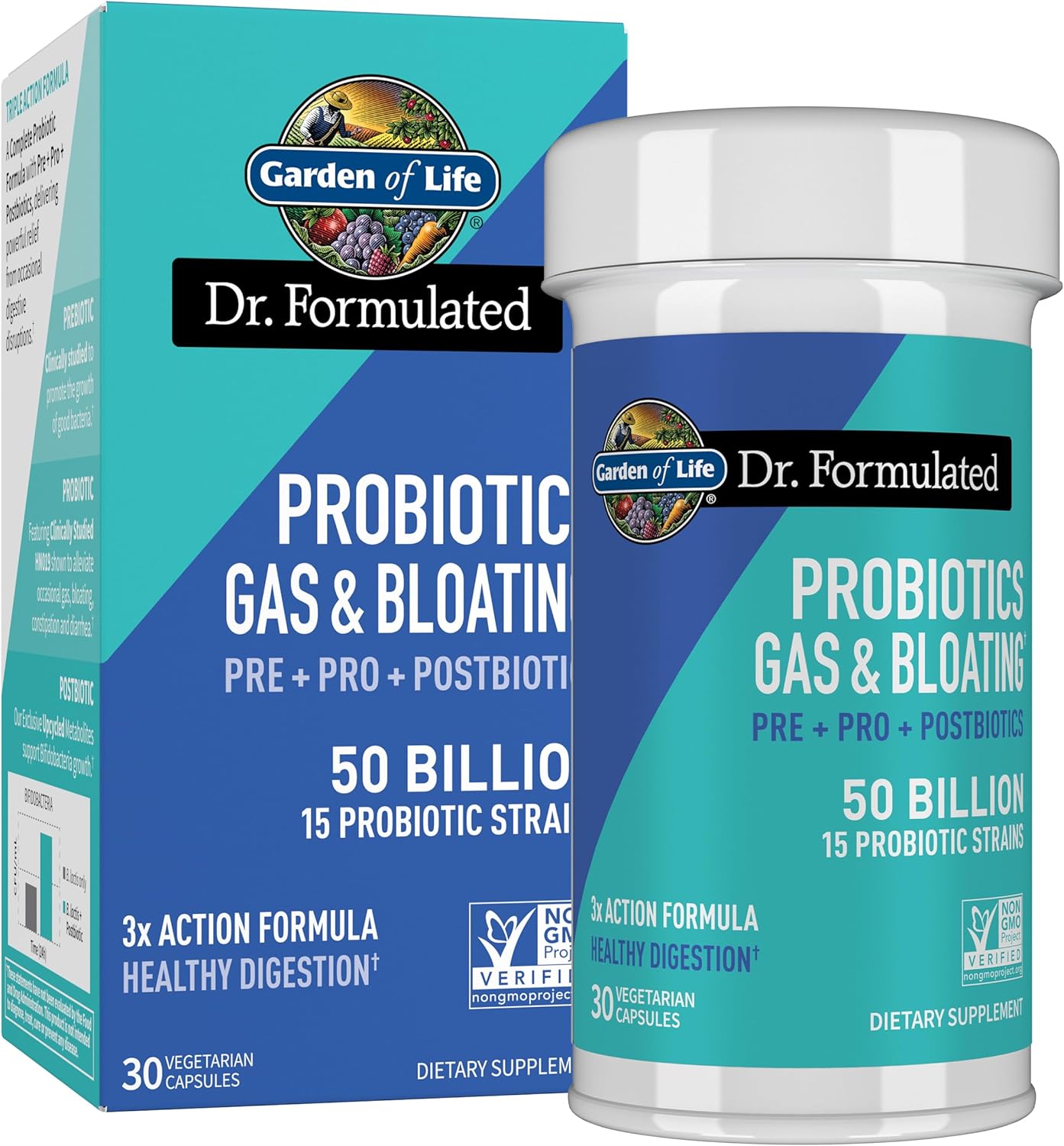 غاردن أوف لايف - مكمل دكتور فورميوليتد يومي كامل 3 في 1 من البريبيوتيك والبوستبيوتيكس والبروبيوتيك للنساء والرجال - مكمل PRE + PRO + POSTBIOTIC لتخفيف الغازات والانتفاخ - 50 مليار وحدة مستعمرة، زجاجة