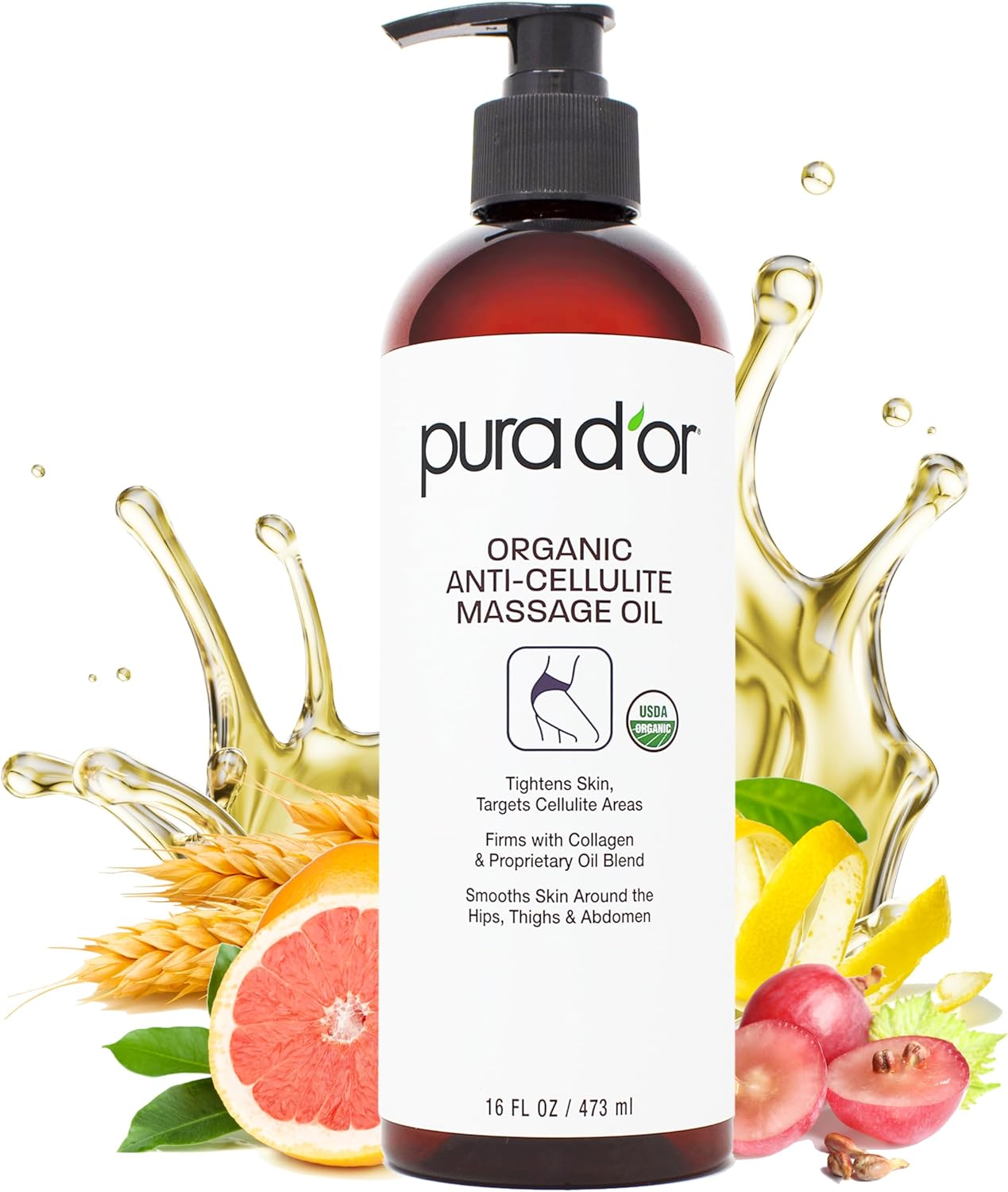 بيورا دور زيت تدليك عضوي مضاد للسيلوليت سعة 16 اونصة - زيت قشر الليمون والمورينجا وبذور العنب والجريب فروت وزيوت الاوكالبتوس - لشد البشرة والافراد النشطين وكبار السن