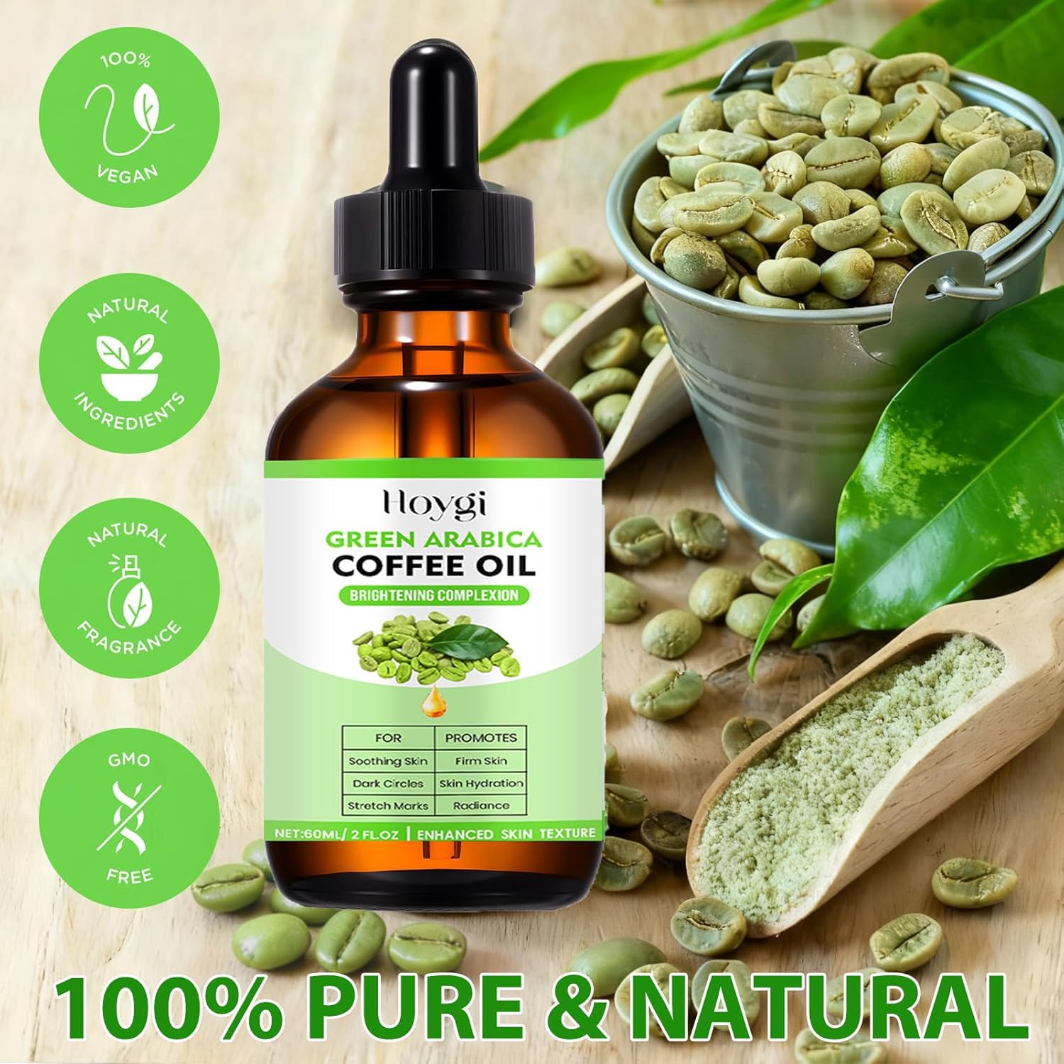 Green Coffee Bean Oil, Organic Green Coffee Oil for Cellulite, Skin, Face, Body & Hair - Reduces Puffiness, Dark Circles, Stretch Marks, Skin Tightening, Cold-Pressed, 2 fl oz