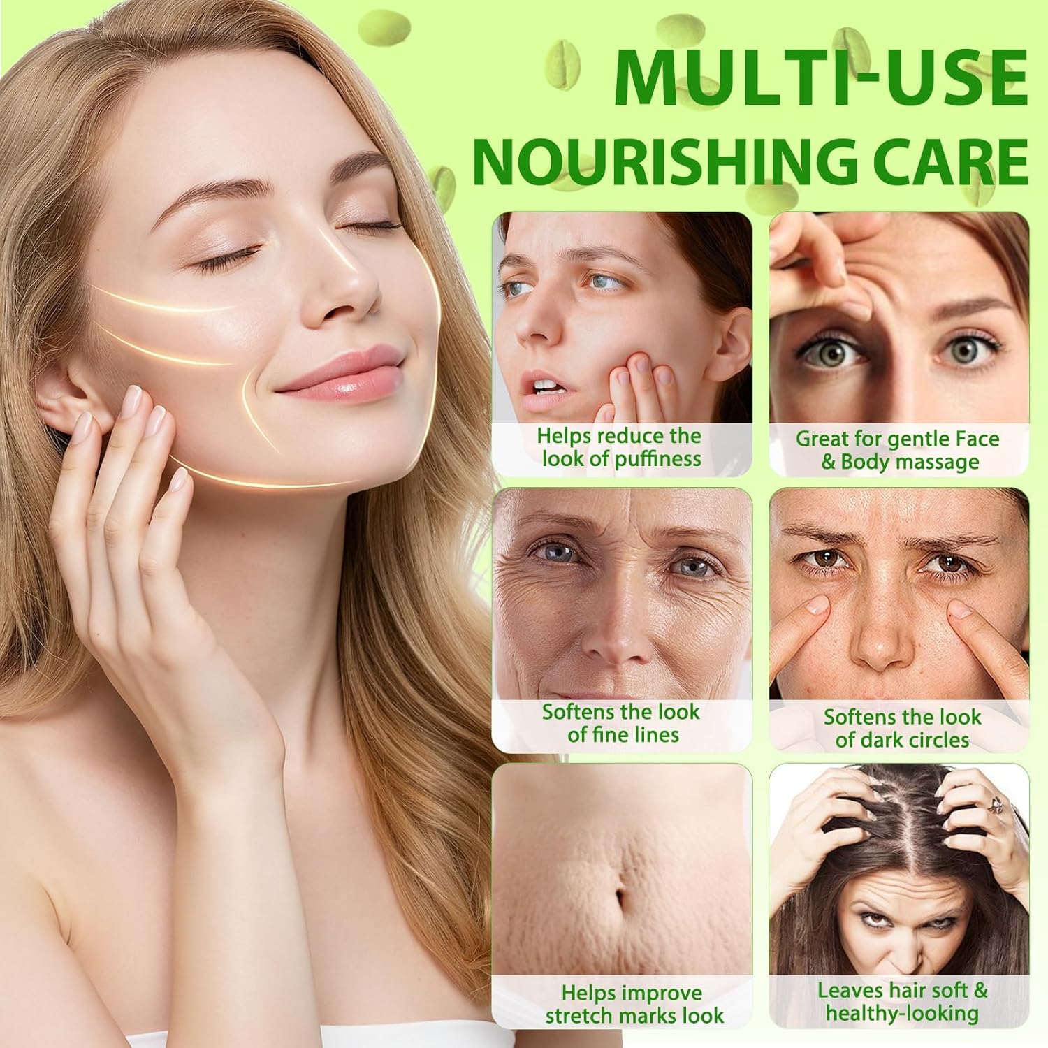 Green Coffee Bean Oil, Organic Green Coffee Oil for Cellulite, Skin, Face, Body & Hair - Reduces Puffiness, Dark Circles, Stretch Marks, Skin Tightening, Cold-Pressed, 2 fl oz