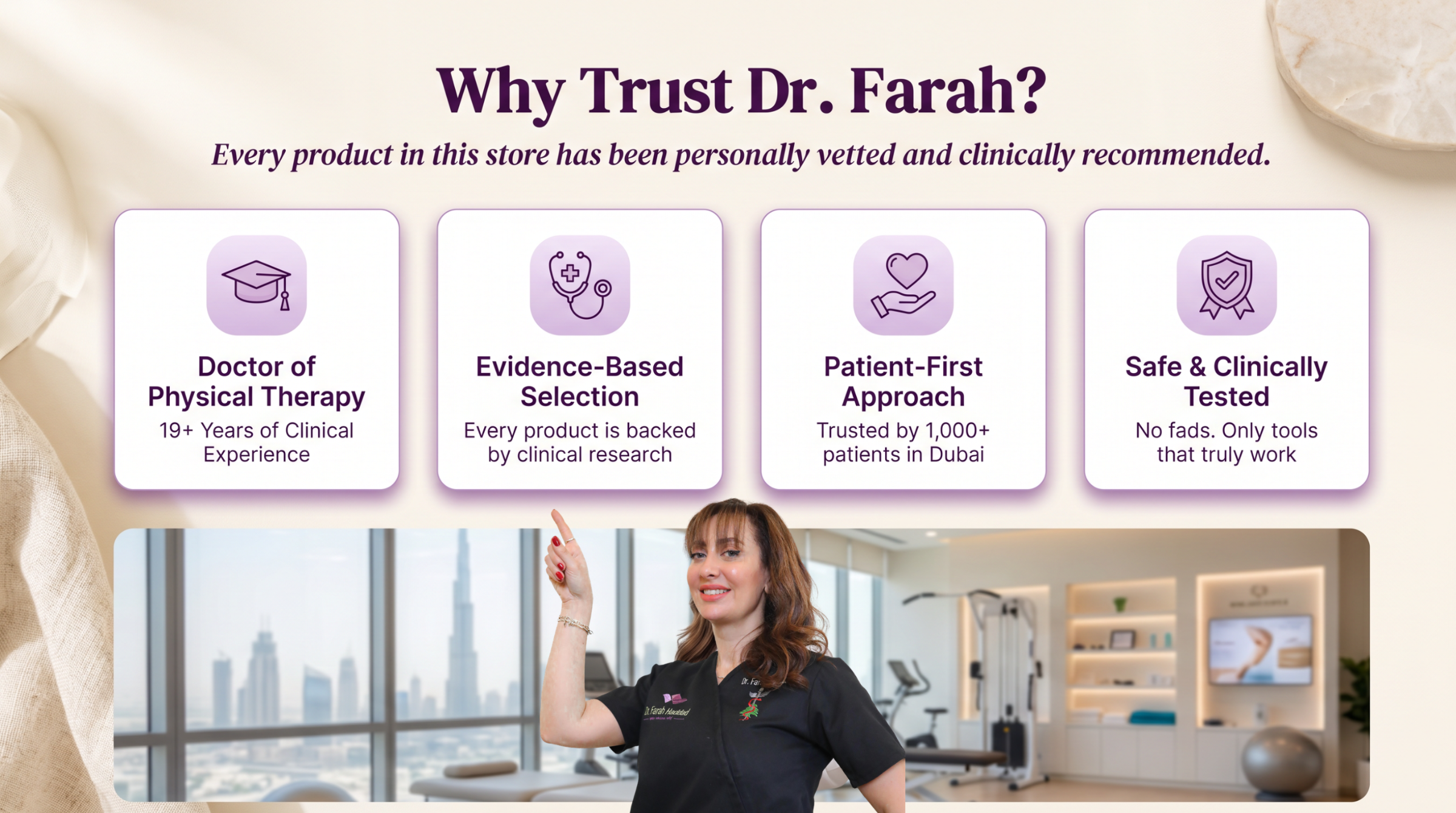 Promotional graphic for Dr. Farah with a woman in a black shirt in a modern office setting.